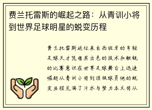 费兰托雷斯的崛起之路：从青训小将到世界足球明星的蜕变历程